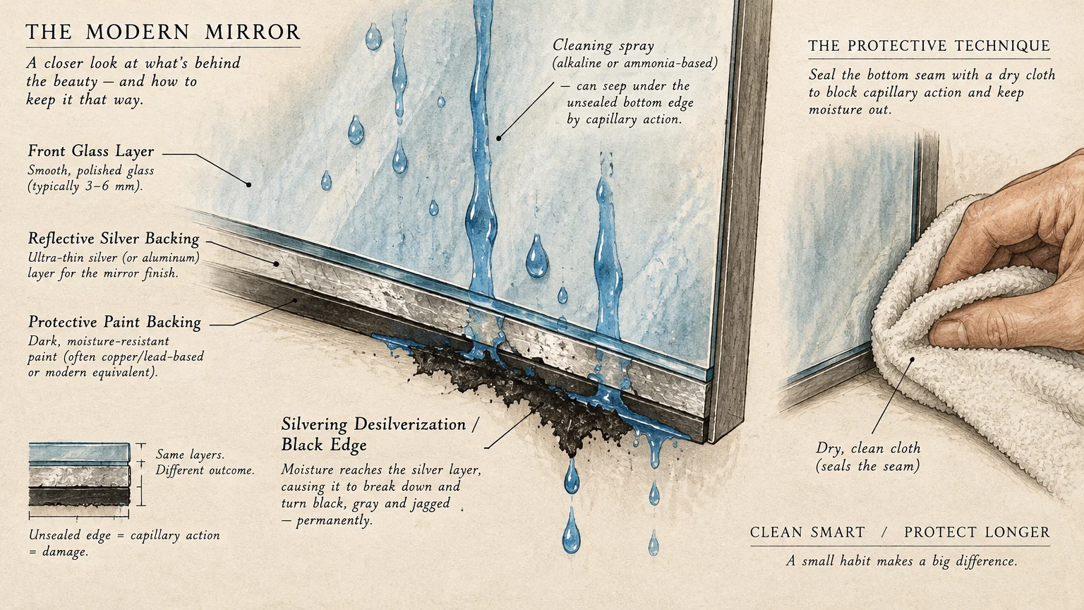 Diagram showing mirror edge layers damaged by liquid seepage next to a hand using a dry cloth along the bottom seam.