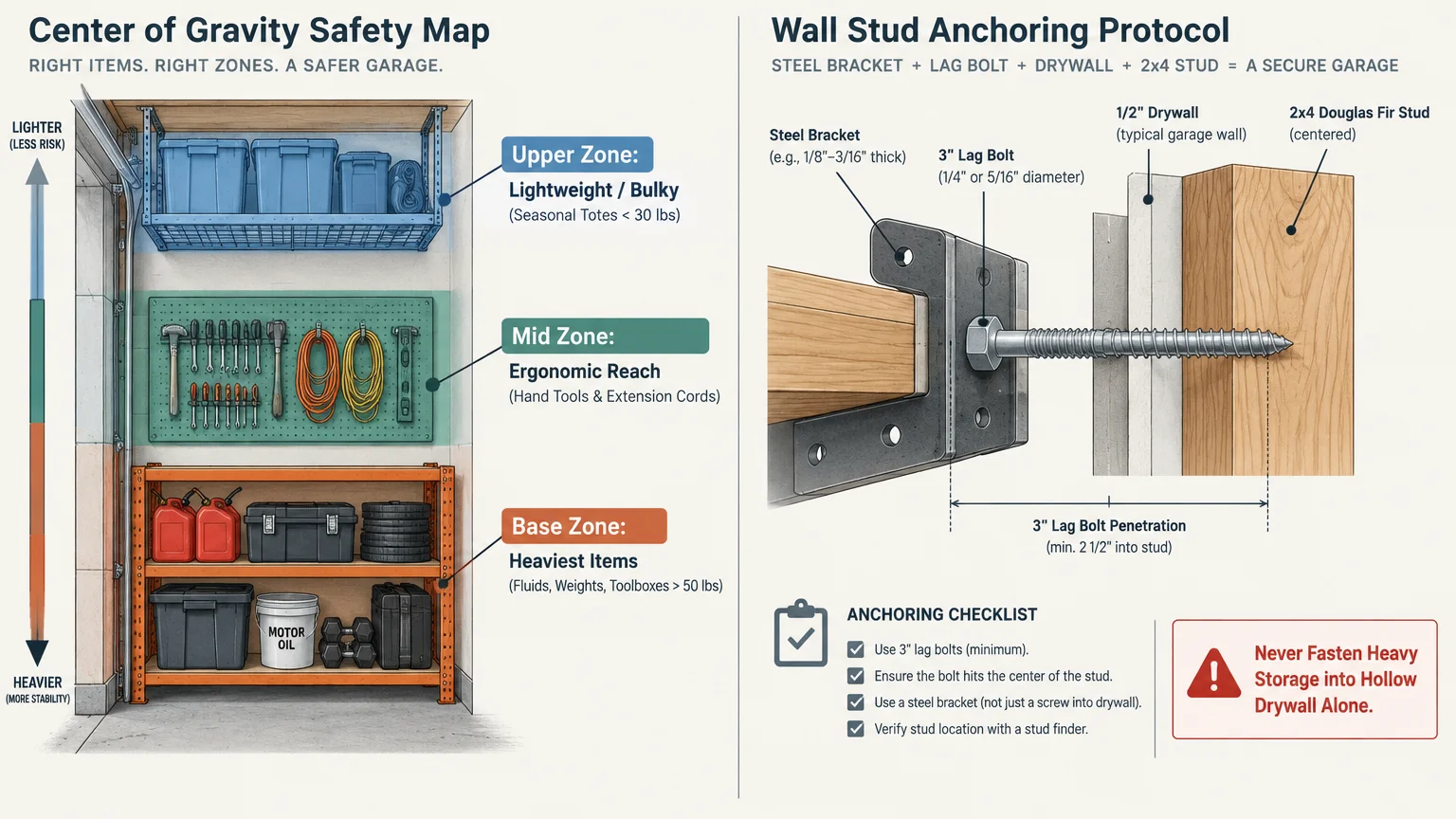 Garage storage diagram showing weight distribution zones and a wall stud anchoring protocol using a bracket and lag bolt.