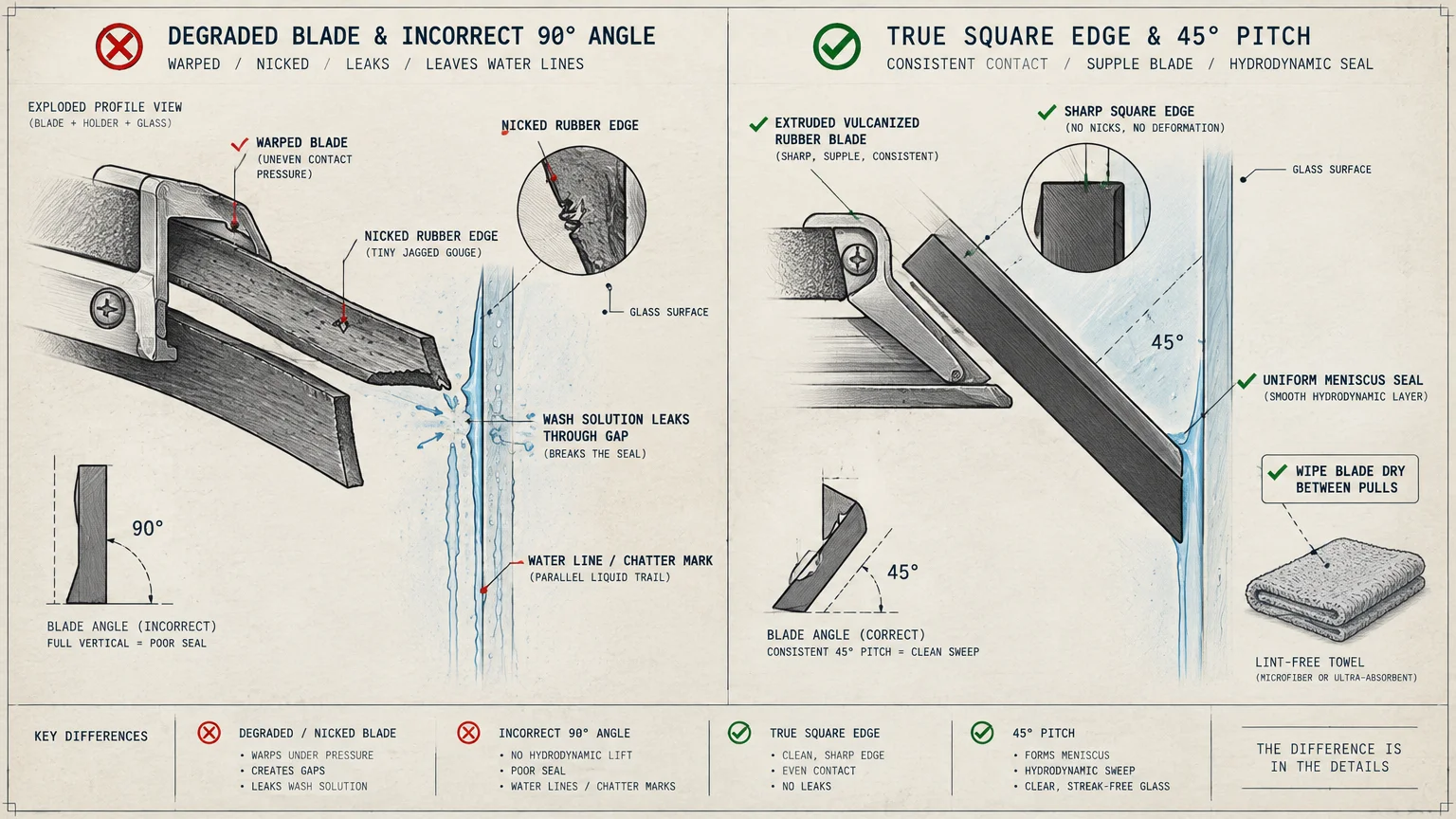 Diagram comparing a nicked squeegee blade at a 90-degree angle to a sharp square blade at a 45-degree angle.