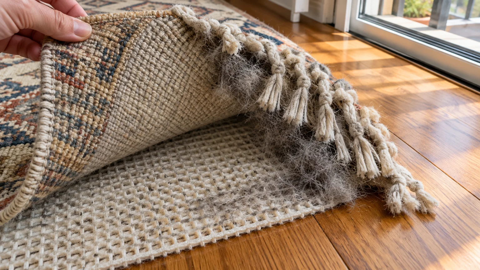 A hand lifts the fringed corner of an area rug, revealing dense pet fur trapped against a grid-textured rug pad.