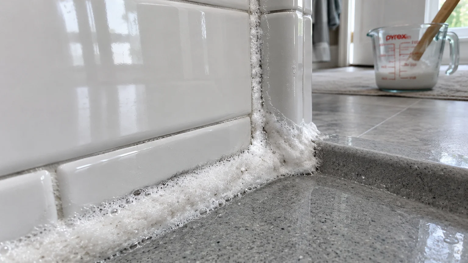 White bubbling paste along the grout and caulk seam between white tiled shower walls and a gray stone floor.