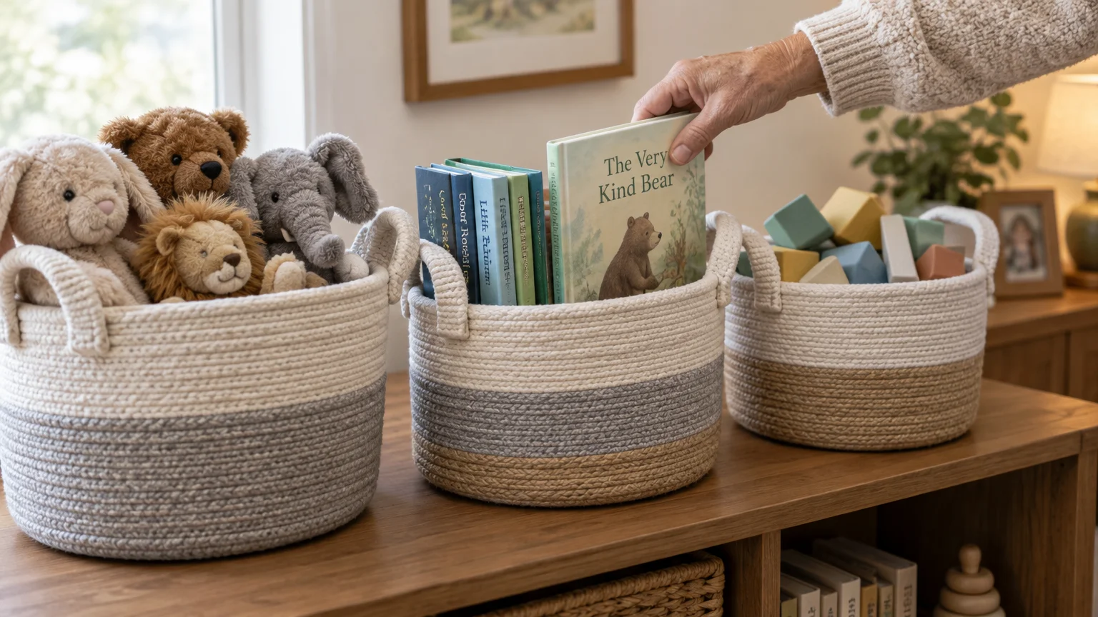 A hand places a picture book into a woven rope basket sitting between bins of stuffed animals and toy blocks.