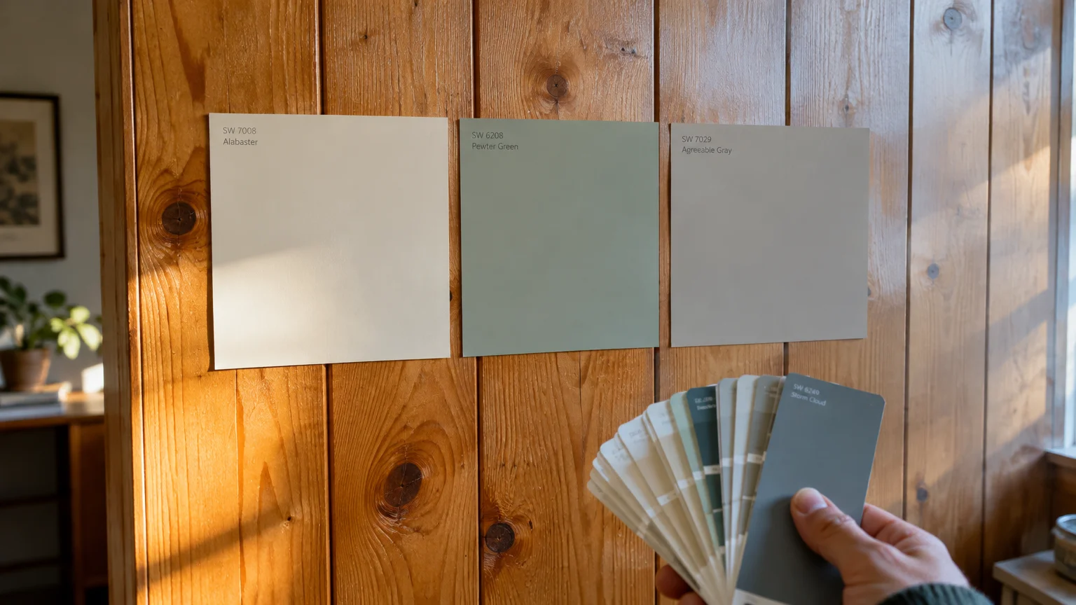 Three paint swatches stuck to vertical wood paneling while a hand holds a fan deck of color chips.