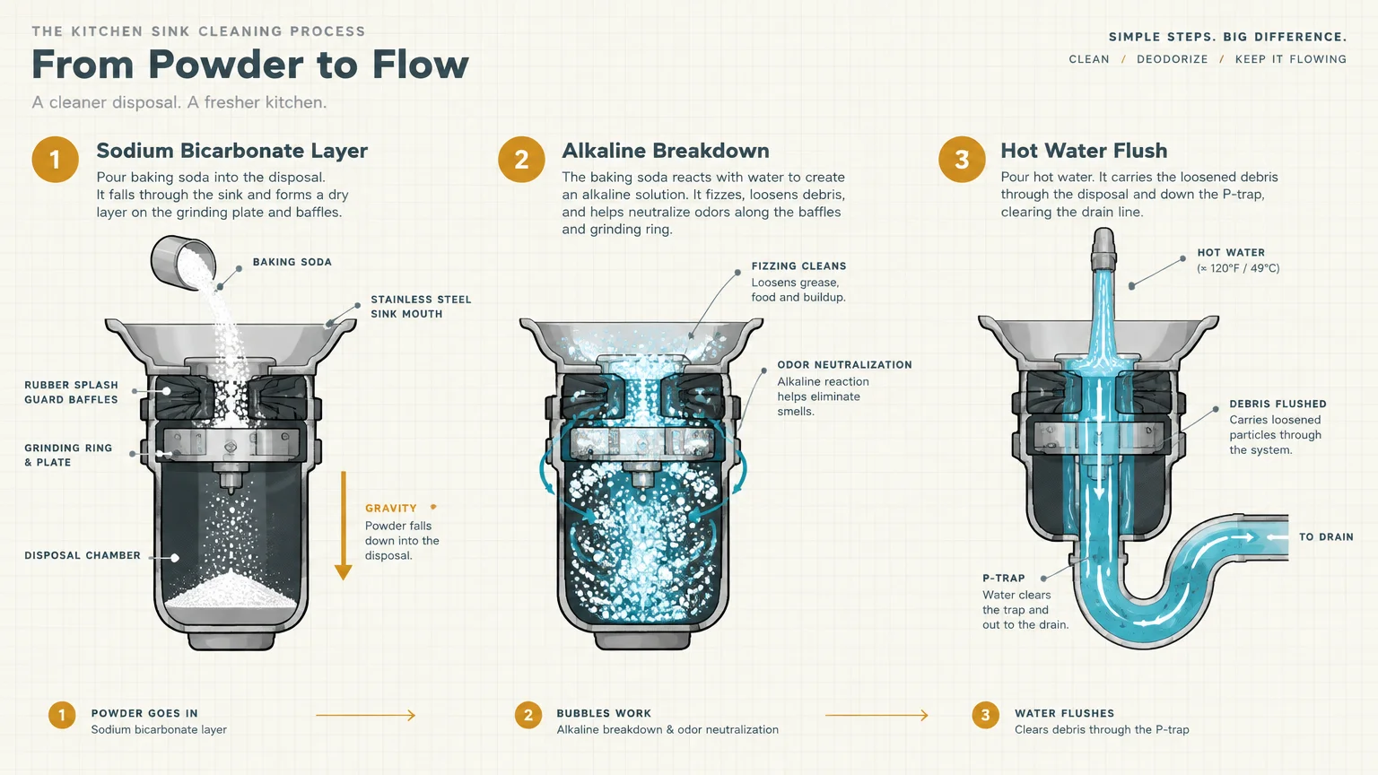 Diagram showing a three-step cleaning process for a garbage disposal: adding baking soda, alkaline fizzing, and a water flush.