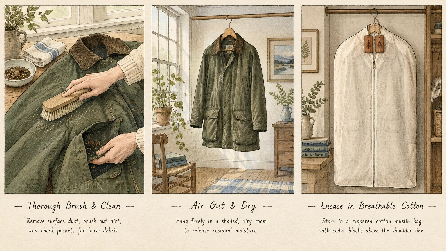 Three-panel illustration showing steps to brush and clean a coat, air it out on a hanger, and store it in a garment bag.