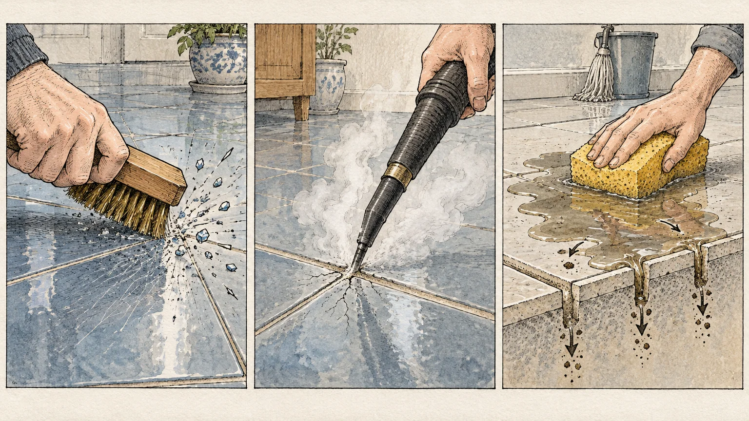Three-panel drawing of hands damaging tile grout using a wire brush, a high-pressure steam nozzle, and dirty sponge water.