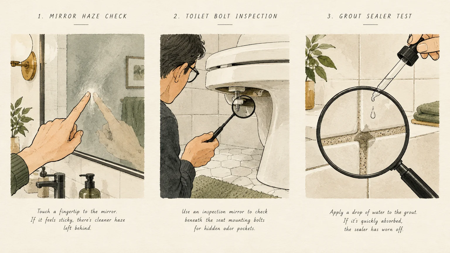 Three-panel watercolor illustration showing tests for mirror haze, toilet bolt inspection, and grout sealer absorption.