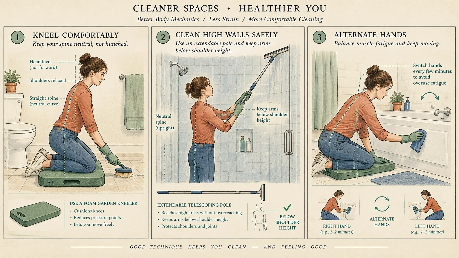 Three-panel guide showing ergonomic bathroom cleaning postures using a kneeling pad, squeegee pole, and hand cloth.