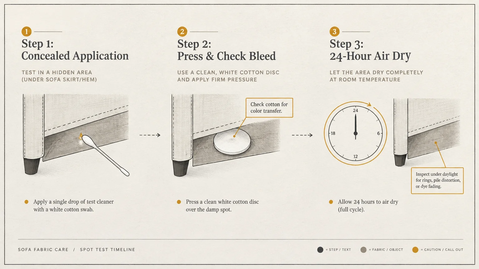 Three-step diagram illustrating fabric spot testing: applying cleaner with a swab, pressing a cotton disc, and air-drying.