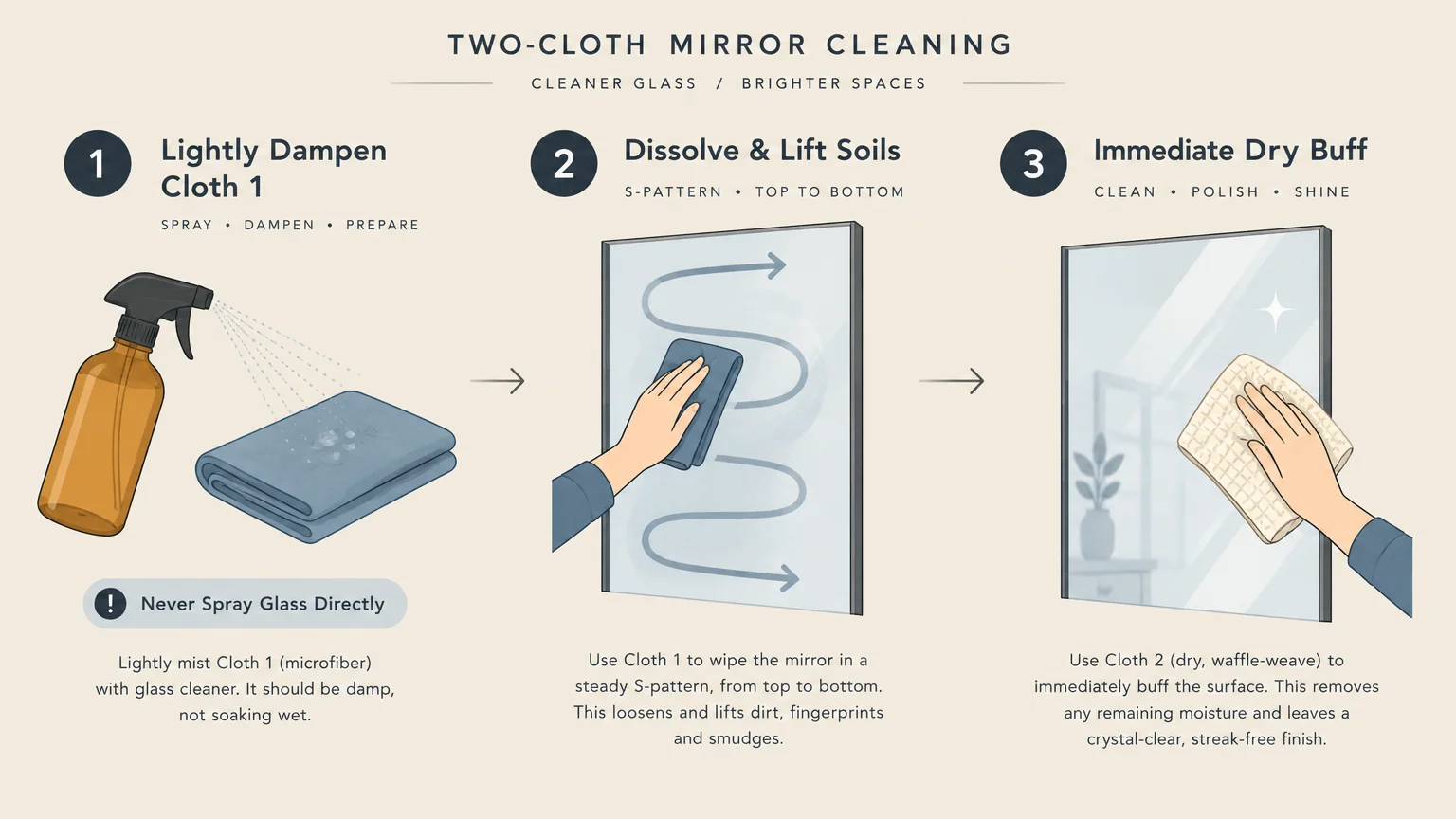 Three-step infographic showing how to clean a mirror using two cloths: misting cloth 1, wiping in S-patterns, and dry buffing.