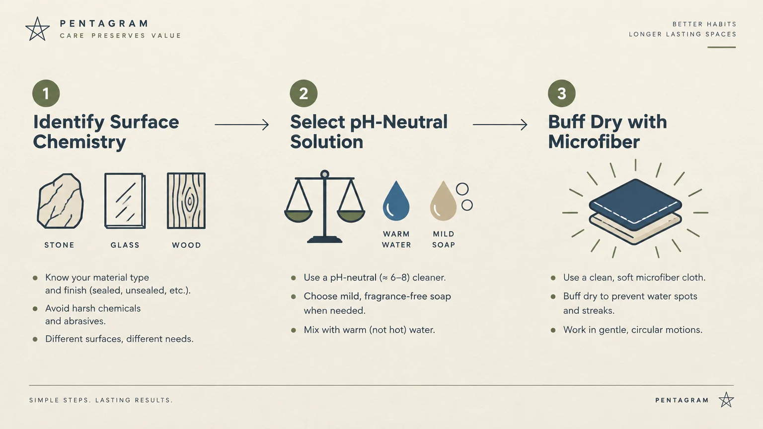Three-step infographic showing surface chemistry identification, pH-neutral solution selection, and buffing dry with microfiber.