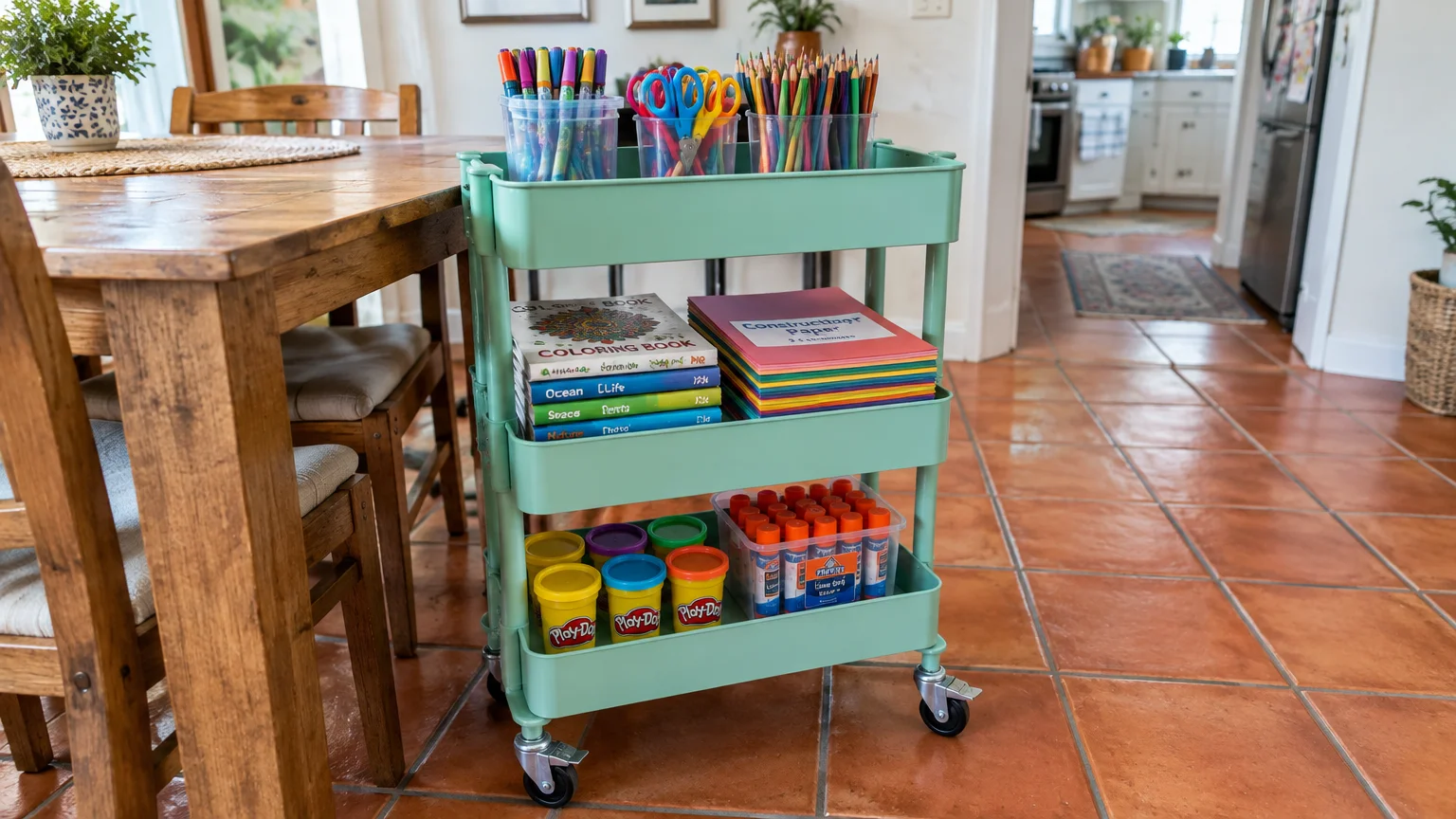 Mint green three-tier utility cart filled with art supplies, markers, and playdough next to a wooden dining table.