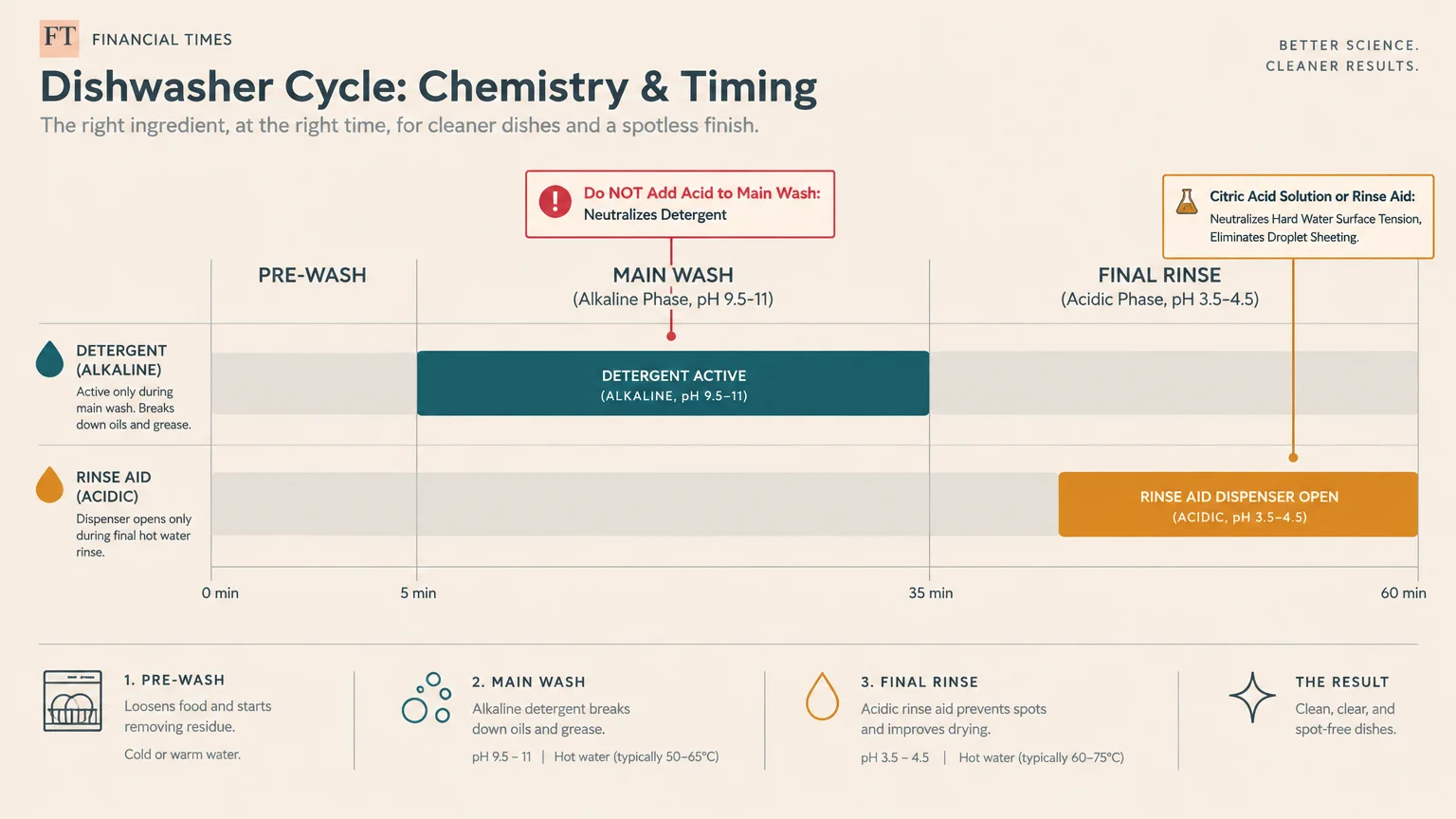 Diagram of dishwasher cycle phases showing pre-wash, alkaline main wash, and acidic final rinse timing along a timeline.