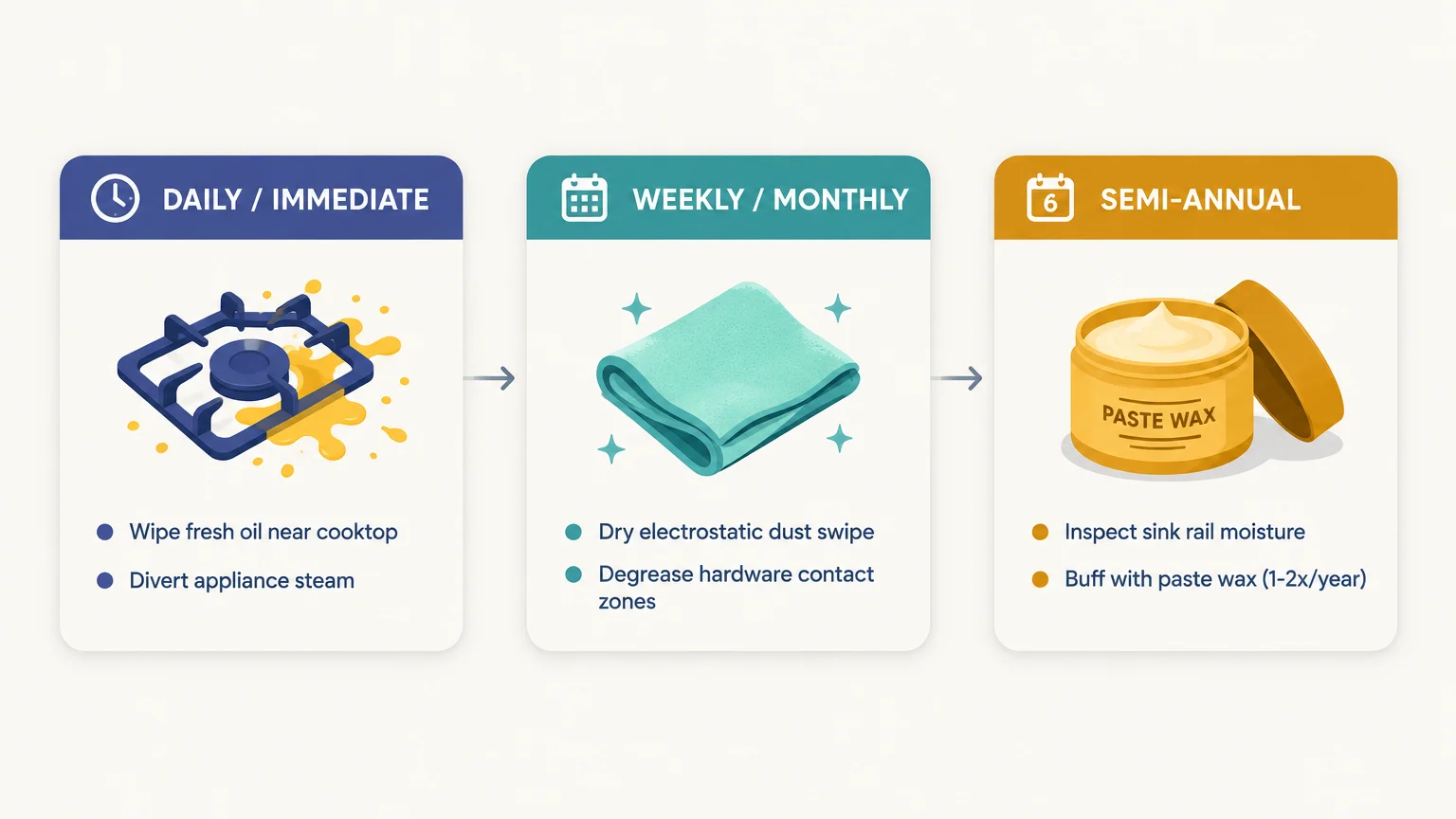 Three-step cleaning chart showing daily stove wiping, weekly cloth dusting, and semi-annual paste wax tasks.