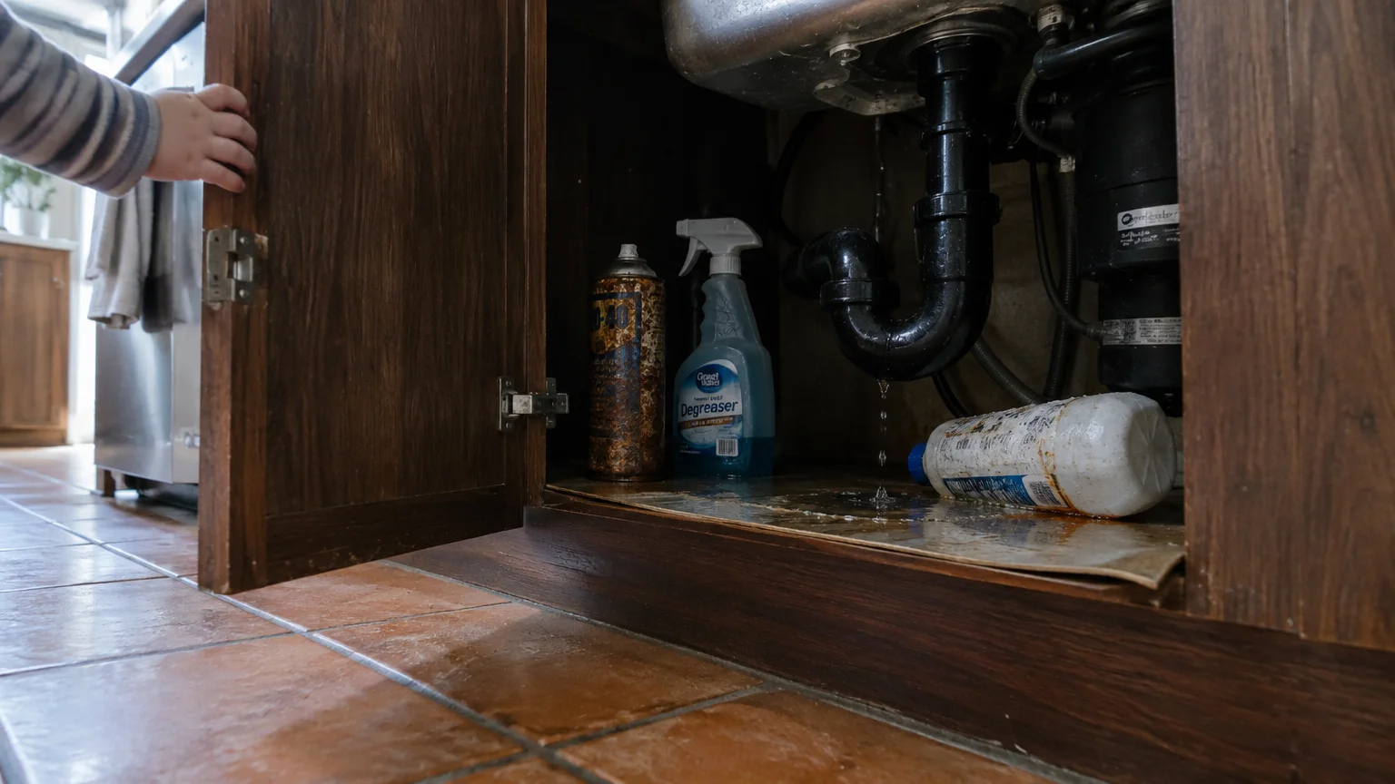 A child's hand opens a dark under-sink cabinet containing cleaning bottles beneath a leaking black pipe.