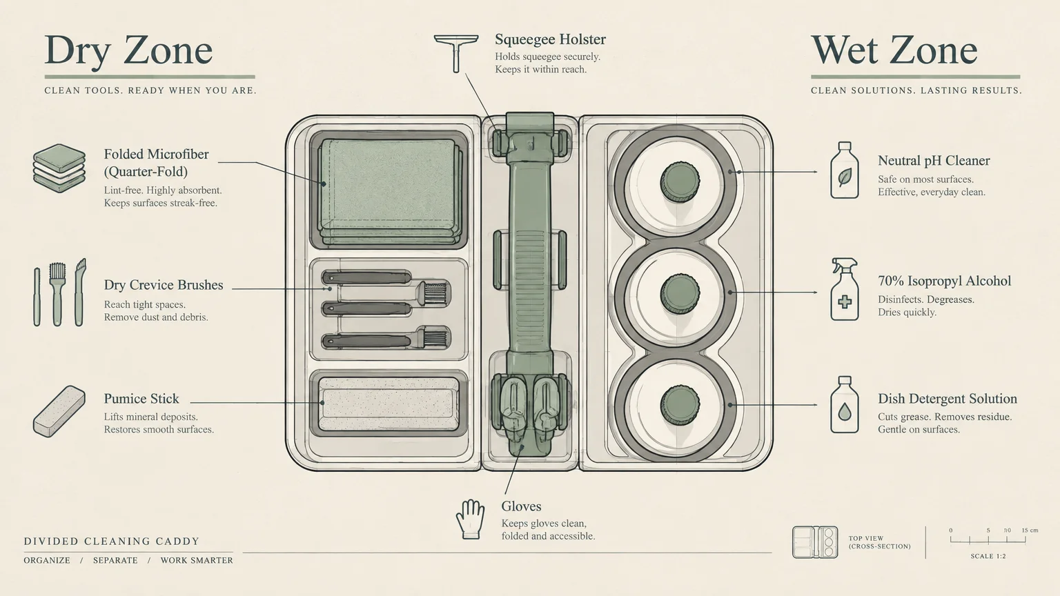 Diagram of a cleaning caddy split into dry and wet zones, showing compartments for cloths, brushes, and spray bottles.