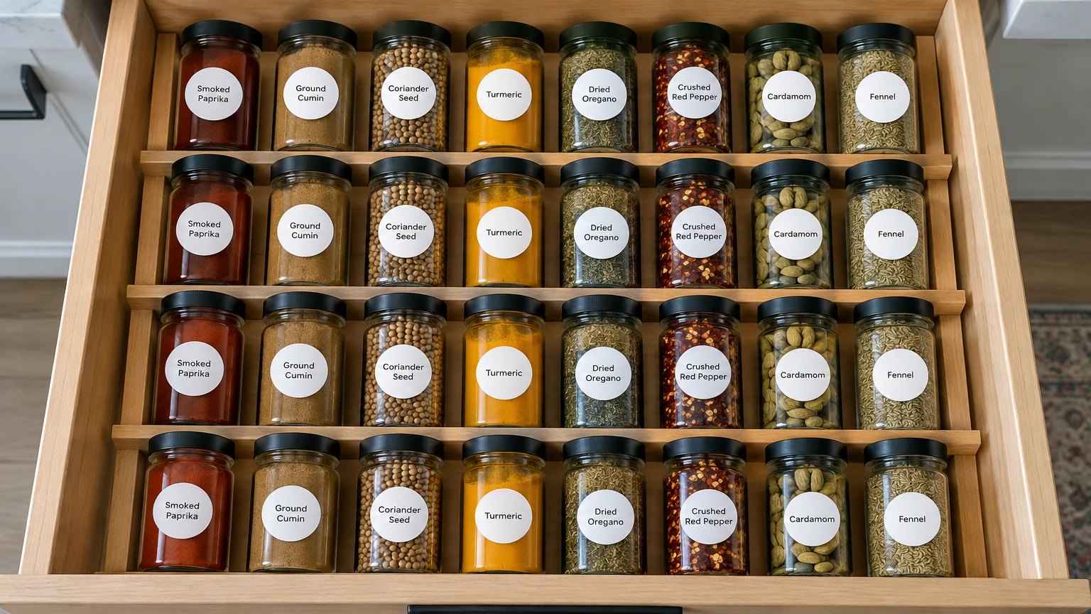 Open wooden kitchen drawer with neatly arranged rows of labeled glass spice jars in a tiered organizer.