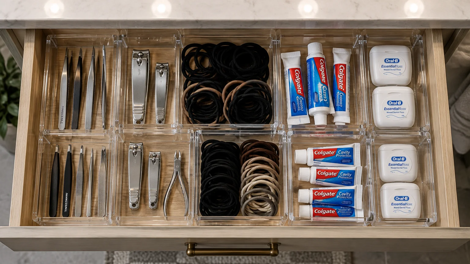 Open wooden vanity drawer with clear organizer bins holding tweezers, clippers, hair ties, toothpaste, and dental floss.