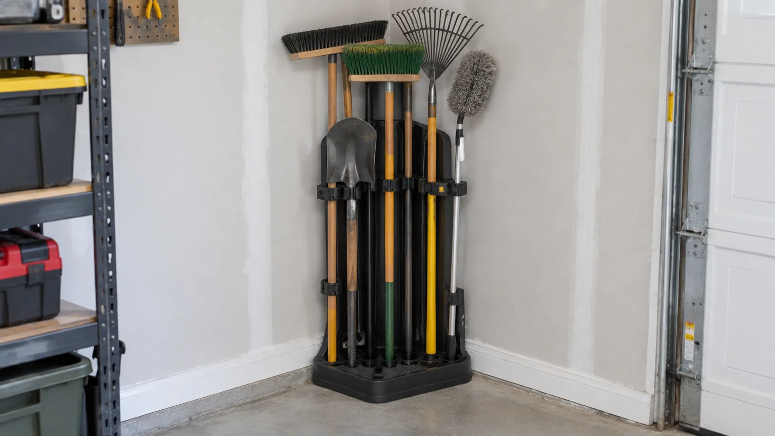 Black corner tool organizer holding brooms, a rake, and a shovel upright in a garage corner.