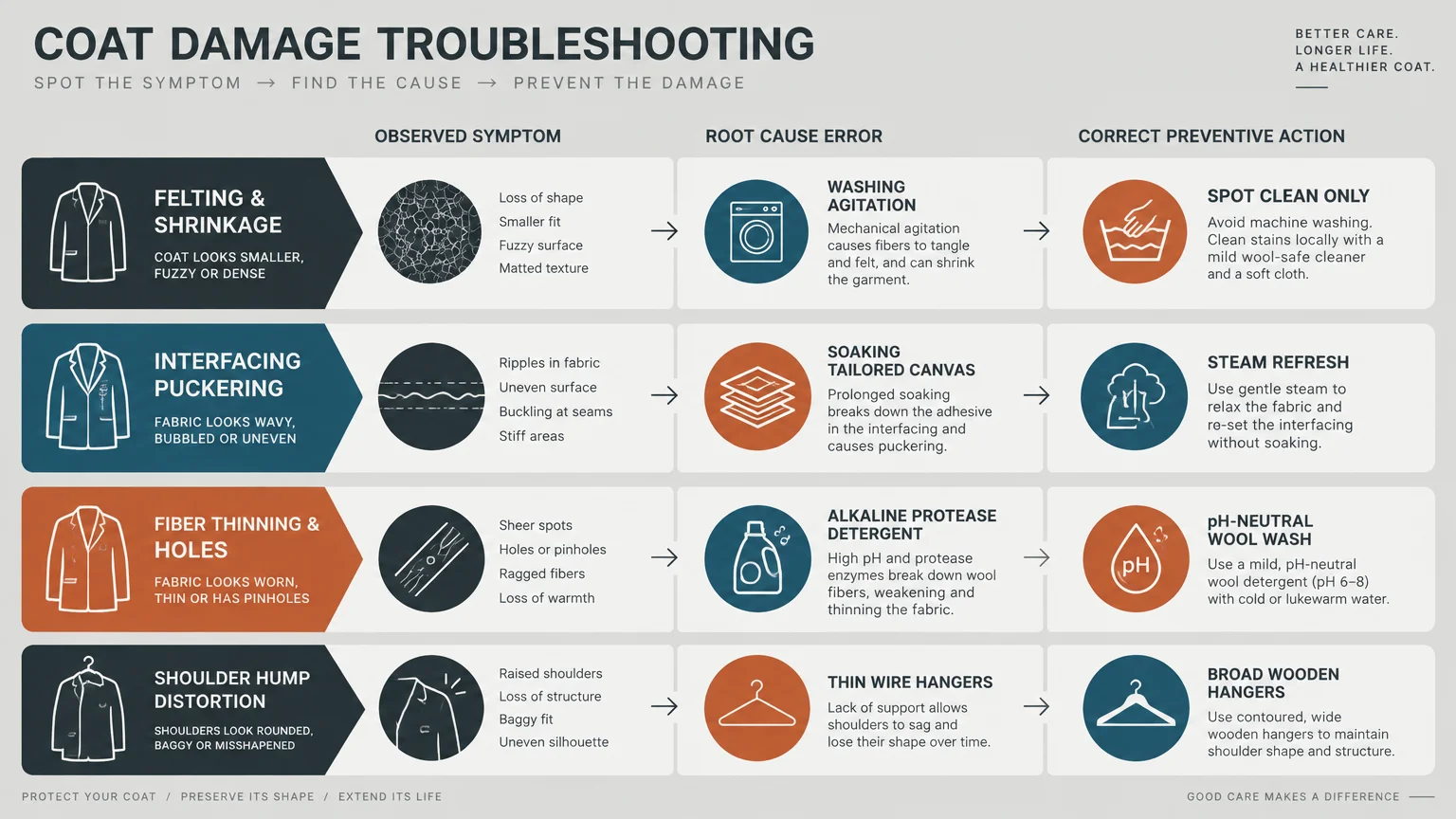 Troubleshooting chart mapping coat symptoms like felting and puckering to root washing causes and correct preventive actions.