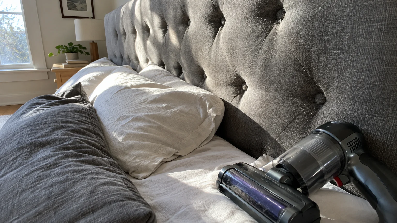 Handheld cordless vacuum resting on white bedding beside a tufted gray fabric headboard.