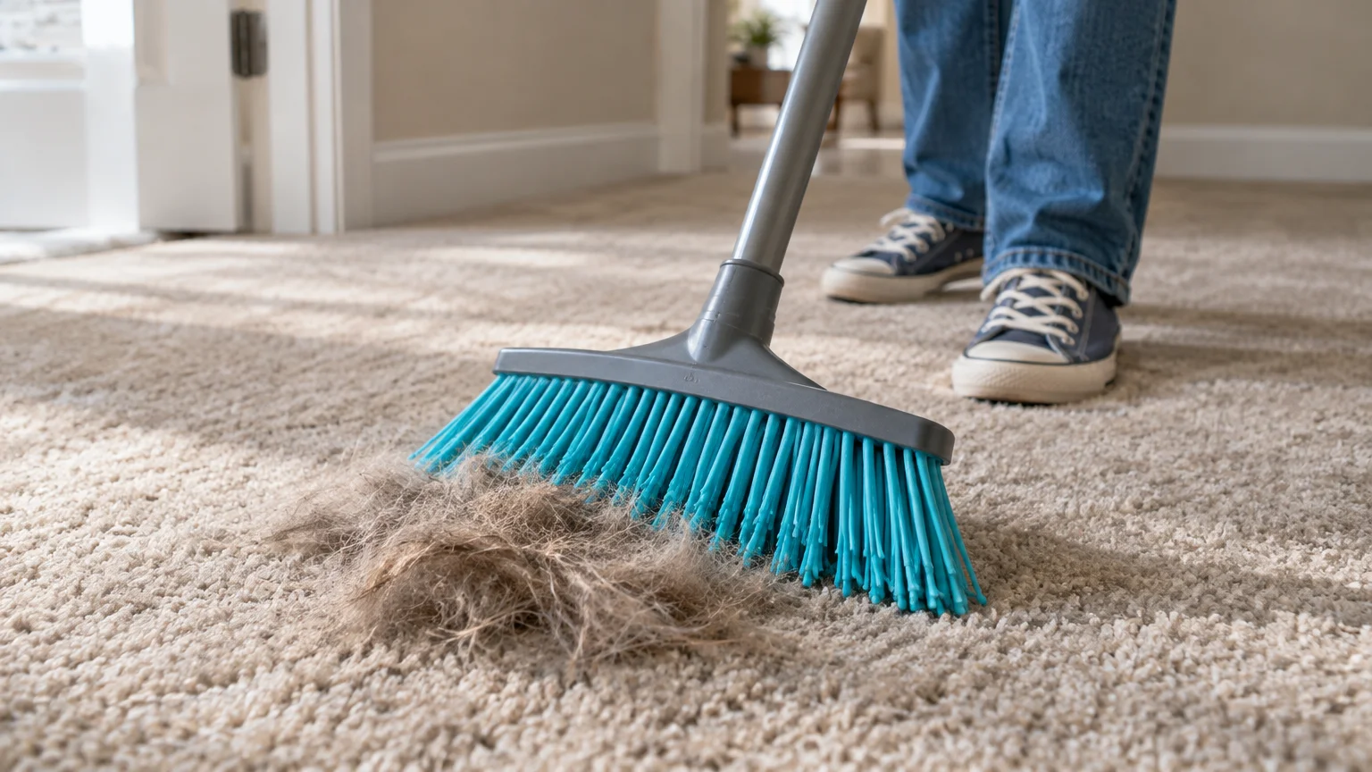 A person sweeps a pile of pet hair across a tan carpet using a broom with bright turquoise rubber bristles.