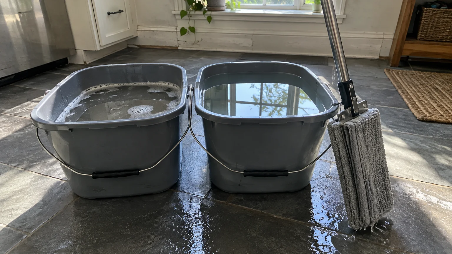 Two gray buckets containing soapy and clear water next to a mop on a wet stone tile floor.