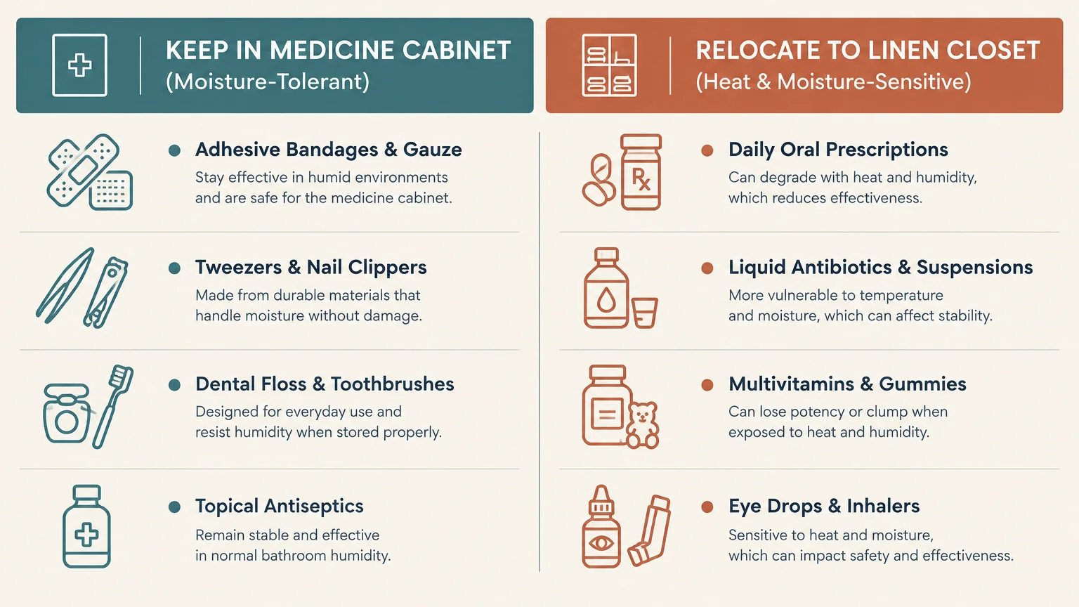 Infographic comparing items to keep in a medicine cabinet versus items to relocate to a linen closet.