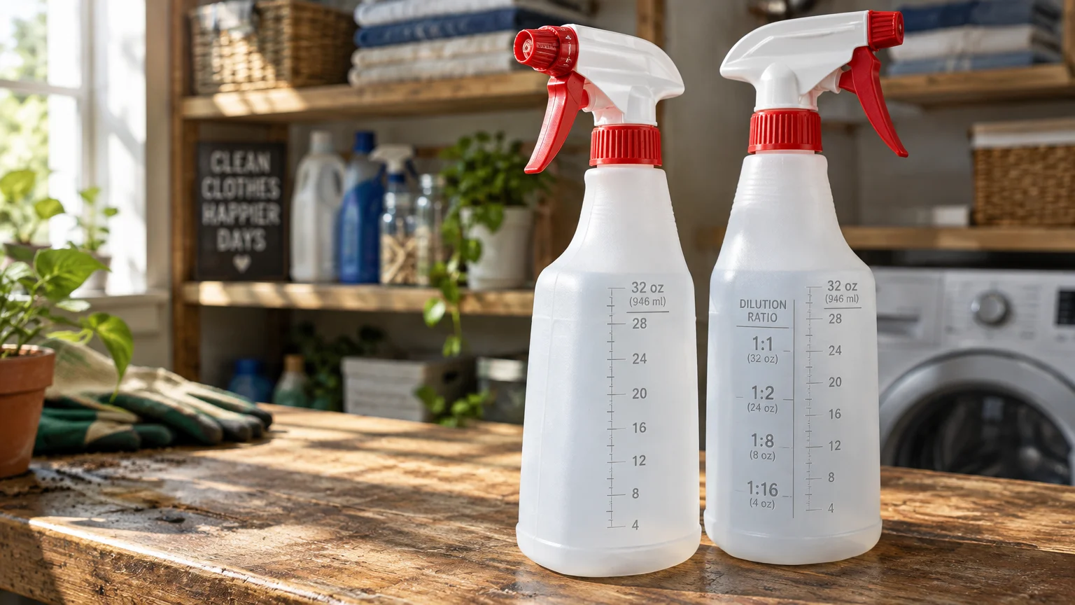 Two plastic spray bottles with measurement markings and red trigger sprayers sitting on a rustic wooden table.