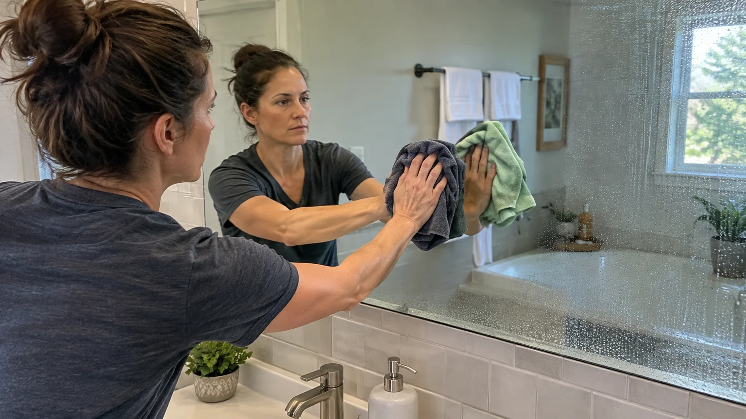 A woman wipes a large, misted bathroom mirror using two cloths held in her hands.