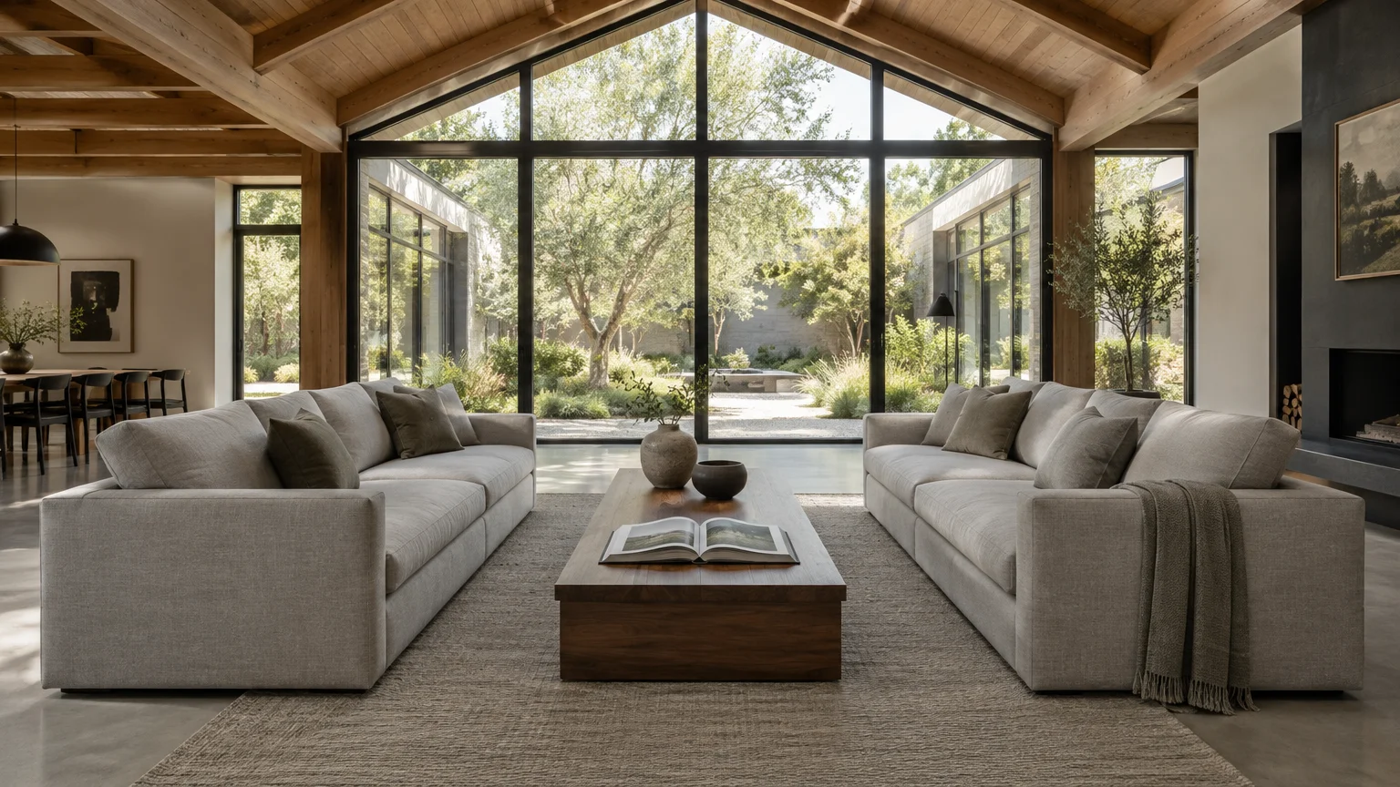 Two parallel gray sofas face a low wooden coffee table on a rug before floor-to-ceiling windows under a wood ceiling.