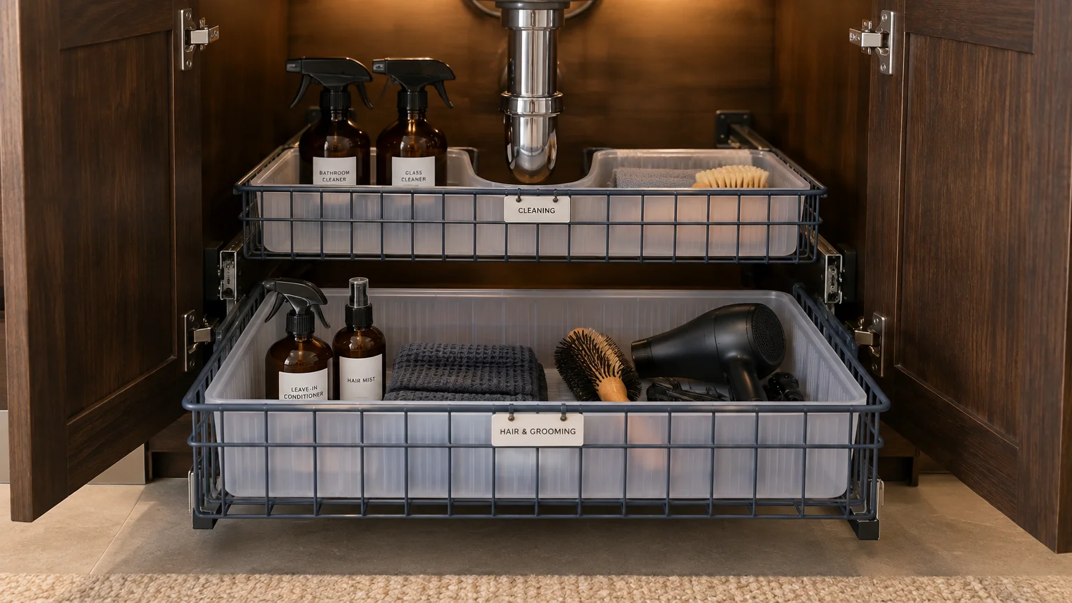 Two pull-out wire drawers with plastic bins organize supplies under an open wooden bathroom vanity cabinet.