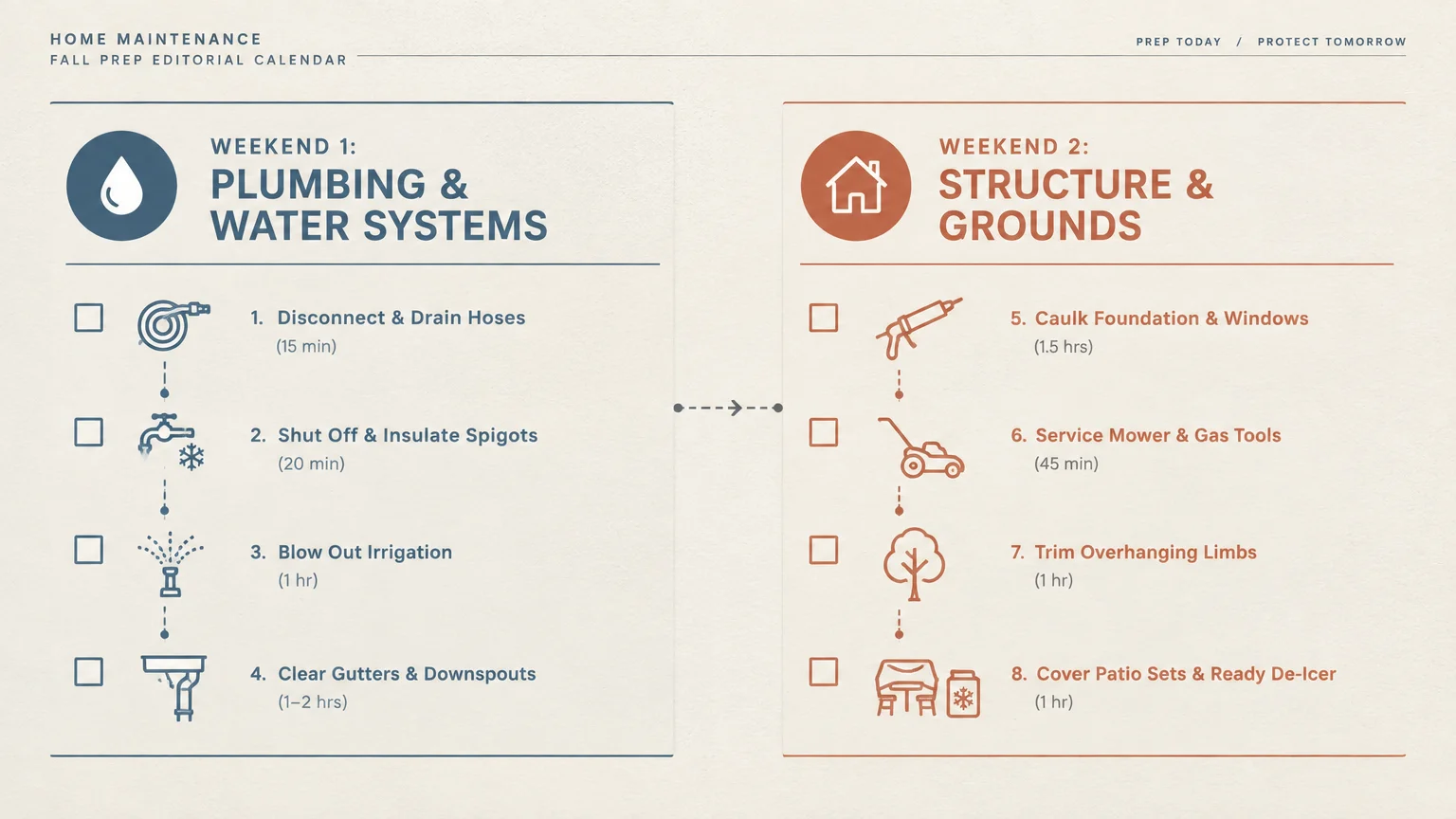 Two-column infographic detailing home maintenance tasks across Weekend 1 and Weekend 2 with checkboxes and icons.