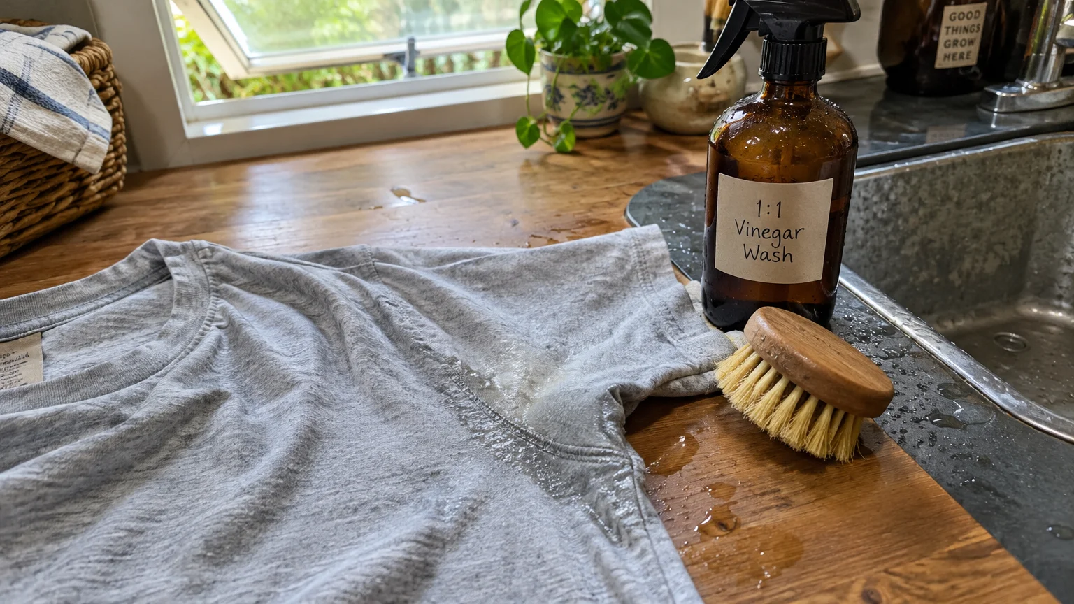 A wet underarm seam of a gray shirt next to a scrub brush and an amber spray bottle labeled 1:1 Vinegar Wash.