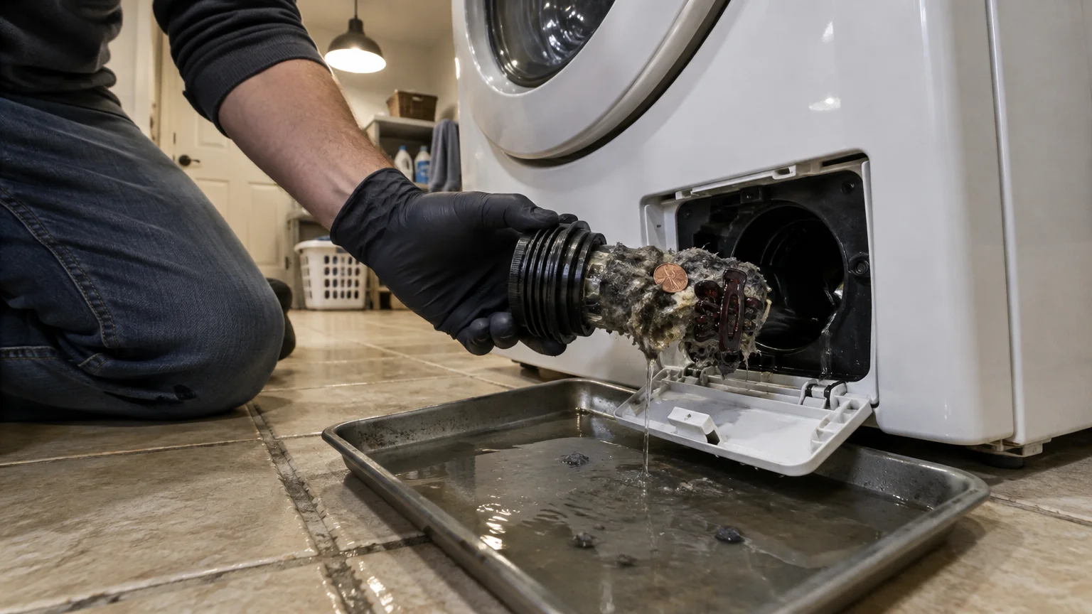A gloved hand removes a slimy washing machine drain filter caked with lint, hair, and a coin over a metal drip pan.