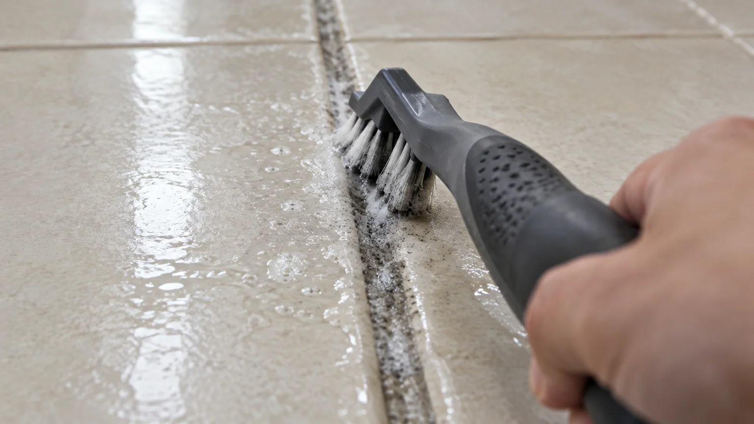Hand holding a black ergonomic brush to scrub soapy lather out of a floor tile grout line.