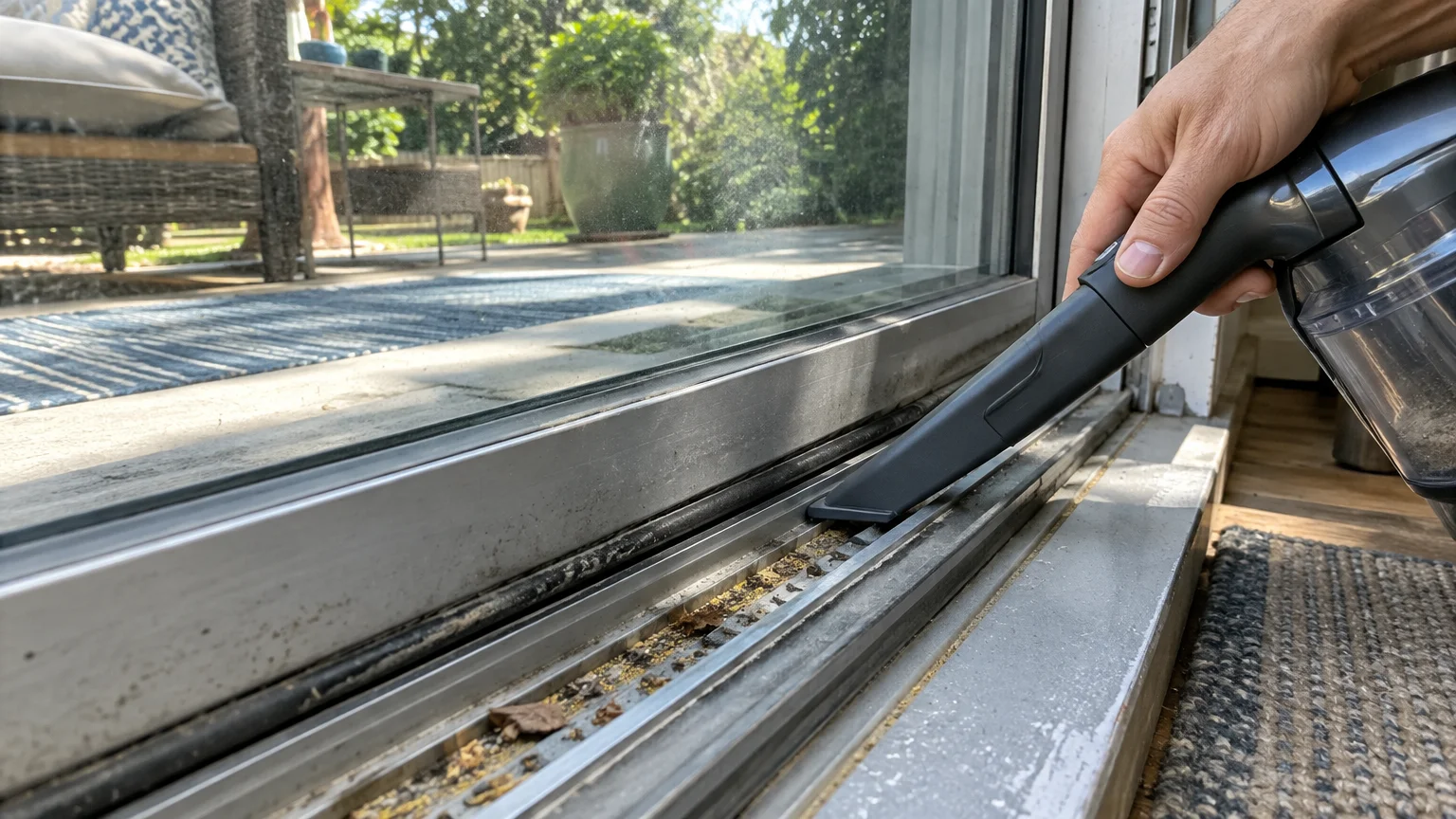 A person using a handheld vacuum attachment to clean dirt out of a sliding glass door track.