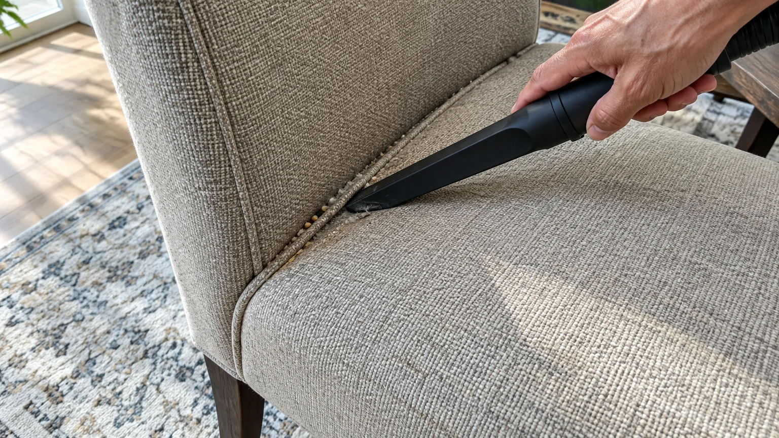 A person uses a black vacuum crevice attachment to clean crumbs from the seam of a beige upholstered dining chair.