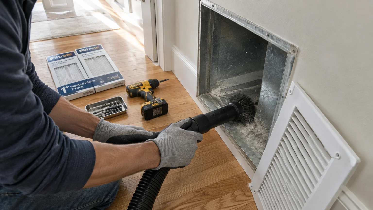 A person wearing gloves uses a vacuum brush attachment to clean inside an open wall air duct beside new filters.