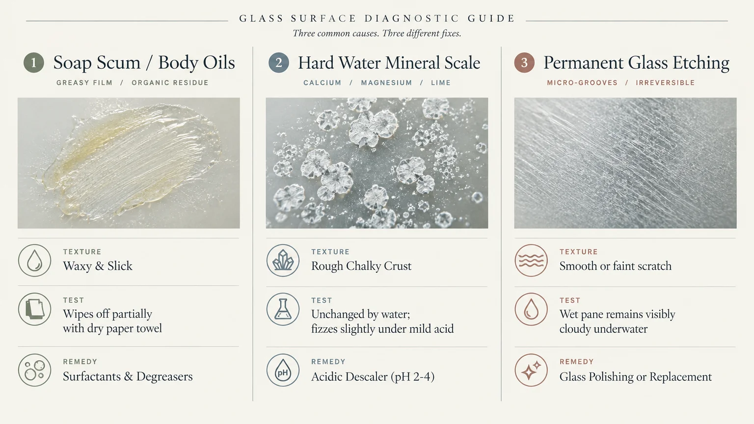 Three-column chart comparing soap scum, hard water mineral scale, and permanent etching with photos, tests, and remedies.