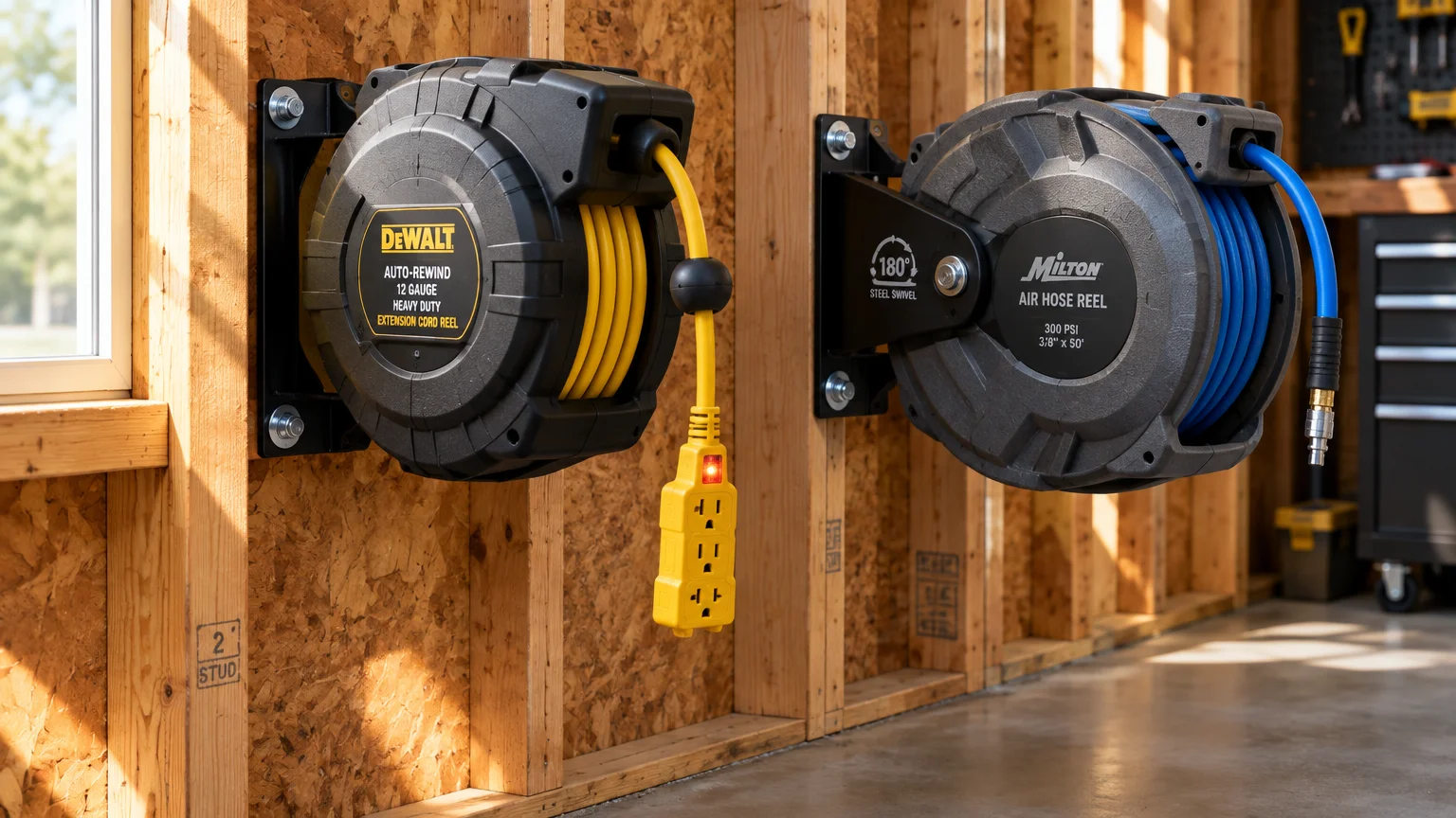 DeWalt extension cord reel and Milton air hose reel mounted to wooden wall studs inside a garage workshop.