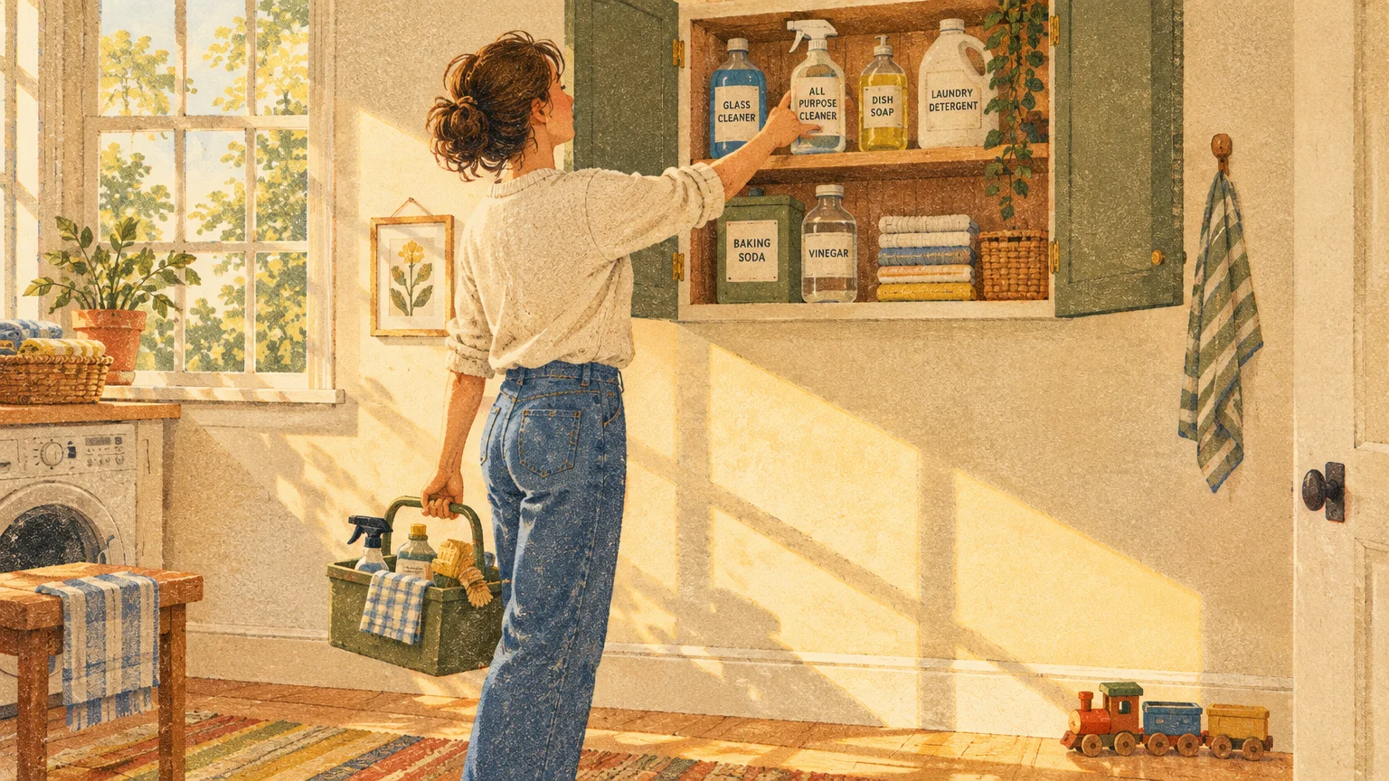 Illustration of a woman placing cleaning supplies into a high wall cabinet while holding a supply caddy in a laundry room.