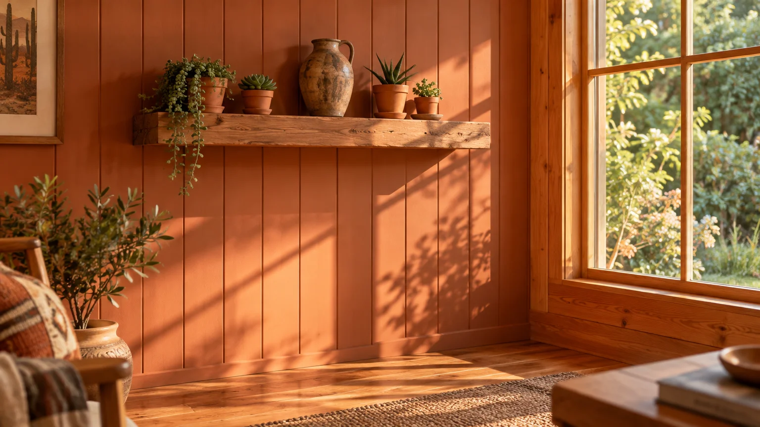Terracotta vertical wall paneling with a wooden shelf holding potted plants beside a sunlit window.