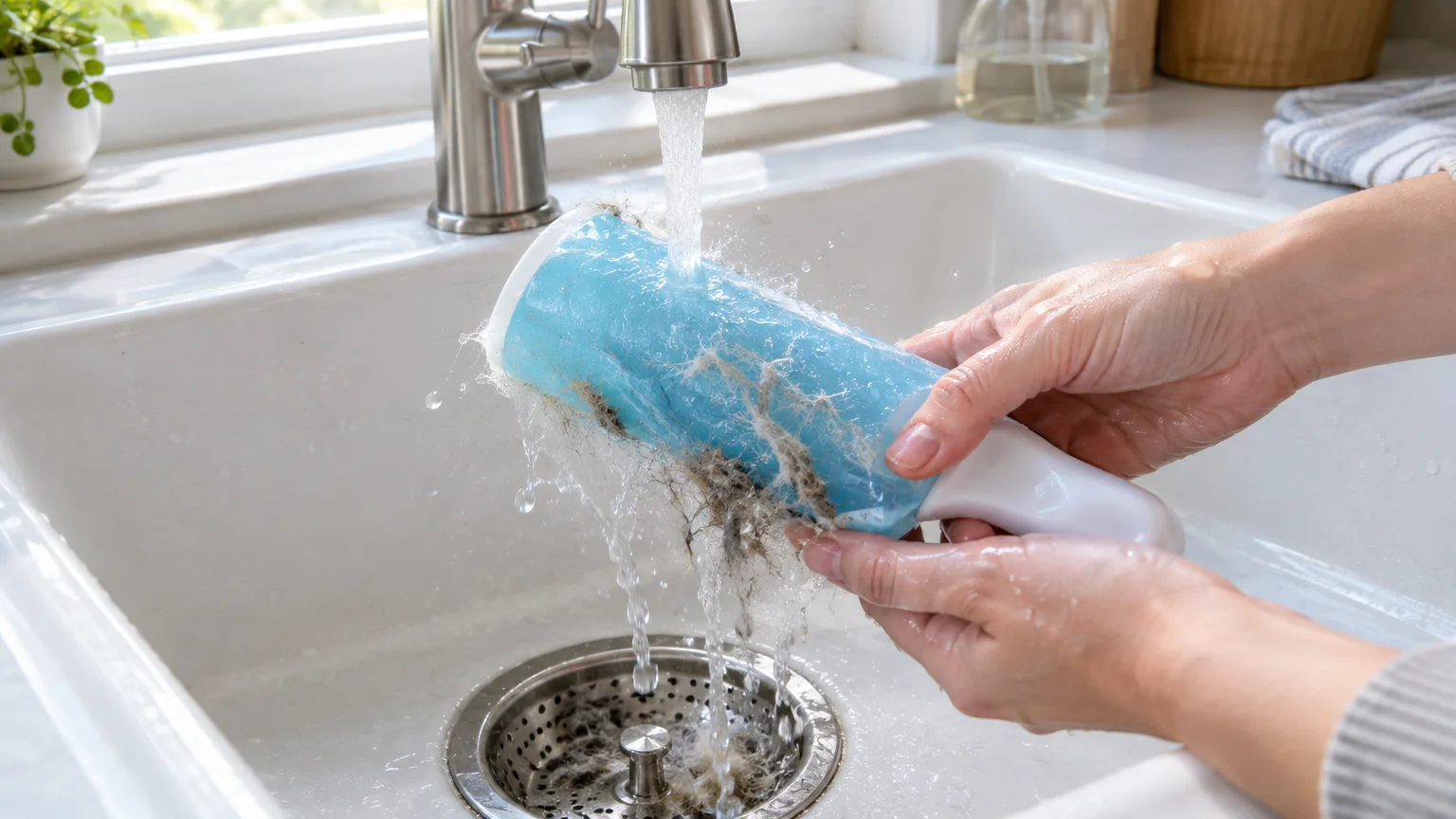 Hands holding a blue washable lint roller under running sink water as pet hair washes off into a drain strainer.