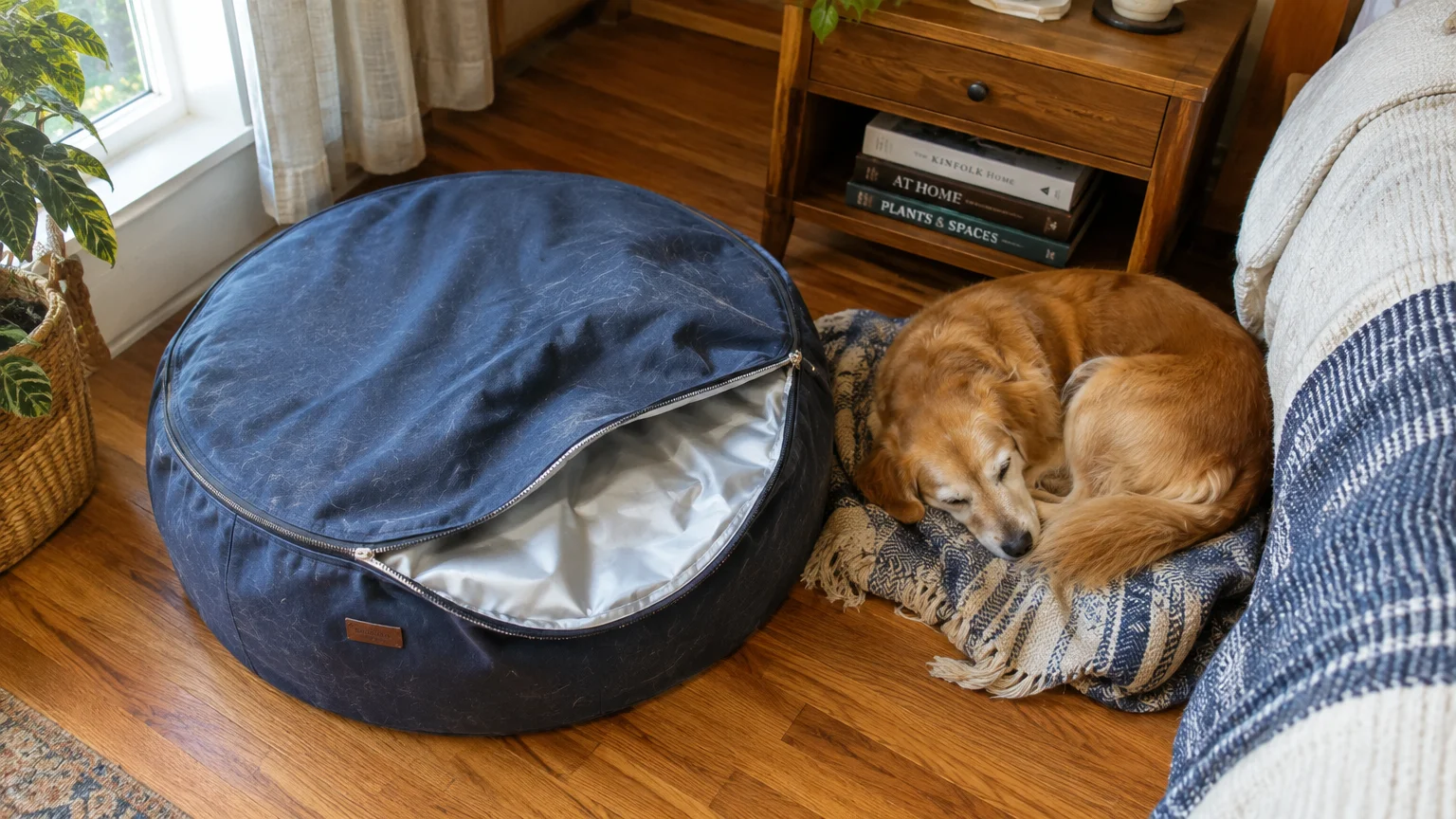 Golden retriever sleeping on a blanket beside a large round zippered pet bed on a hardwood bedroom floor.