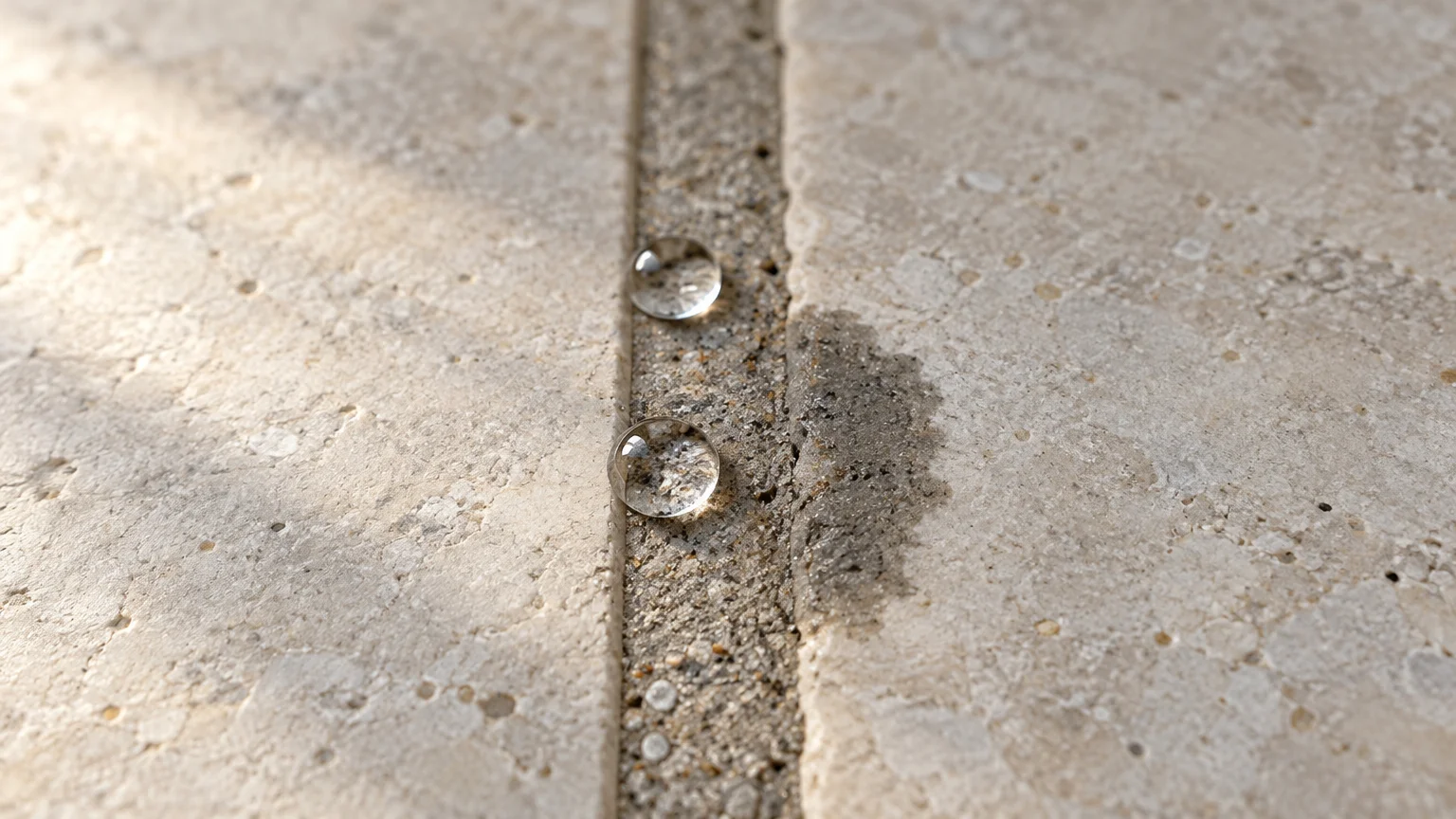 Close-up of water droplets beading and soaking into a textured grout line between stone tiles.