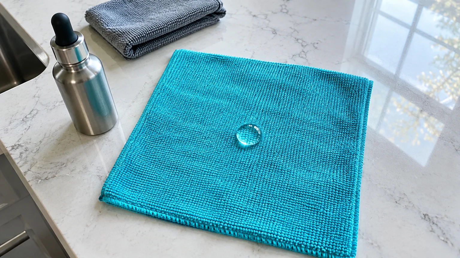 A single water droplet beads on a bright blue microfiber cloth beside a metal dropper bottle on a kitchen countertop.