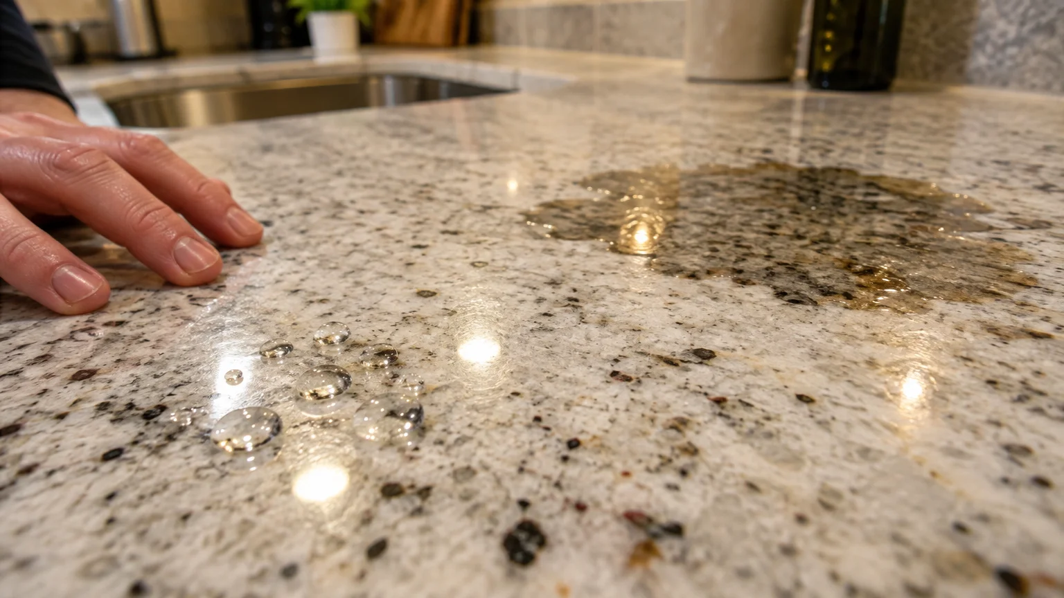 Water droplets beading on a granite countertop next to a dark, wet puddle soaking into the surface.