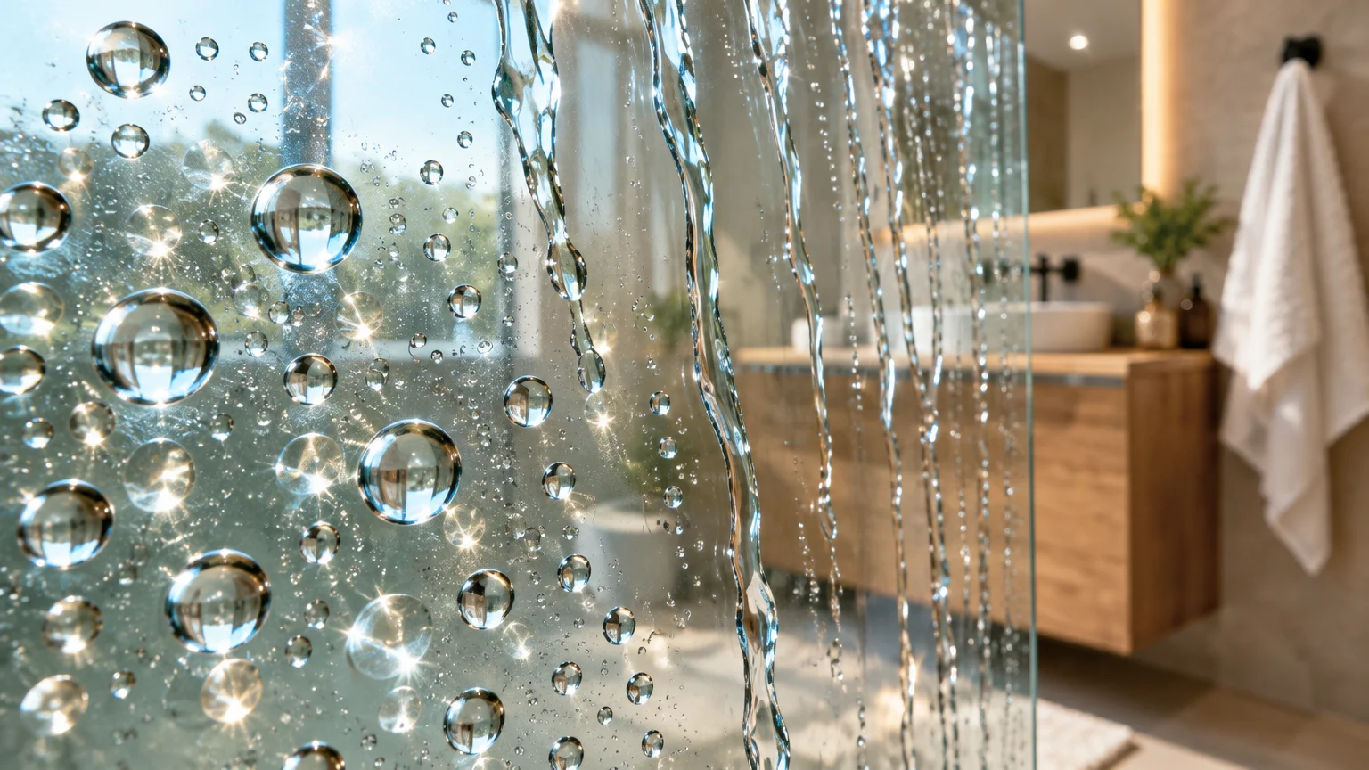 Water droplets and streams running down a clear glass shower screen in a modern, sunlit bathroom.