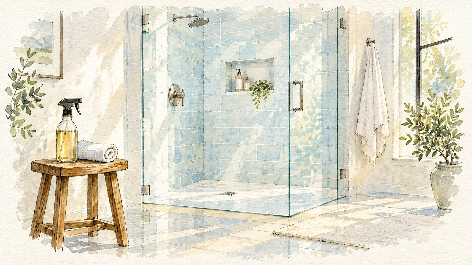Watercolor illustration of a sunlit bathroom with a glass walk-in shower, tiled walls, and a spray bottle on a wooden stool.